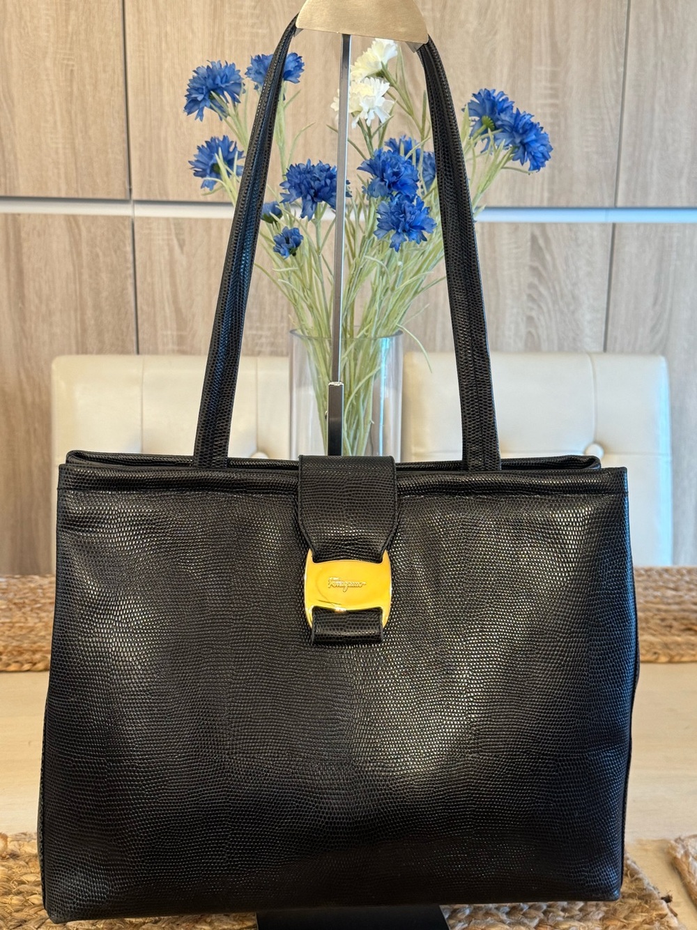 Authentic Vintage Salvatore Ferragamo Lizard Embossed Leather Vara Tote Bag